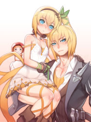 Rule 34 | 10s, 1boy, 1girl, bad id, bad pixiv id, black coat, black gloves, black neckwear, blonde hair, blue eyes, boots, bow, brother and sister, carrying, coat, dress, edna (tales), eizen (tales), folks (nabokof), gloves, gradient background, green bow, hair bow, hair ribbon, leg ribbon, looking at viewer, miniskirt, normin (tales), orange background, ribbon, short hair, siblings, side ponytail, skirt, tales of (series), tales of berseria, tales of zestiria, tress ribbon, white background, white dress, yellow ribbon