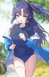 Rule 34 | 1girl, awnw, black shirt, blue archive, blue jacket, blush, breasts, cowboy shot, facial mark, gluteal fold, halo, highres, jacket, large breasts, long hair, mechanical halo, official alternate costume, open mouth, purple eyes, purple hair, shirt, solo, star (symbol), thigh gap, track jacket, twitter username, yuuka (blue archive), yuuka (track) (blue archive)
