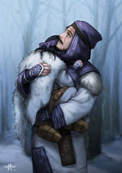 Rule 34 | 1boy, 1girl, ainu clothes, asirpa, beard, carrying, facial hair, facial scar, father and daughter, forest, golden kamuy, hood, hood up, long sleeves, looking up, mitsuya, mustache, nature, outdoors, profile, scar, scar across eye, scar on cheek, scar on face, signature, wilk (golden kamuy), winter