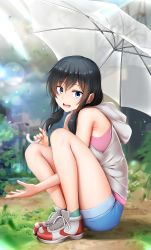 Rule 34 | 1girl, amano hina (tenki no ko), armpit peek, bare arms, bare shoulders, black hair, blue eyes, blurry, blurry background, commentary request, ginhaha, highres, holding, holding umbrella, hood, hood down, hooded jacket, jacket, long hair, looking at viewer, low twintails, short shorts, shorts, sleeveless, sleeveless jacket, smile, solo, tenki no ko, twintails, umbrella