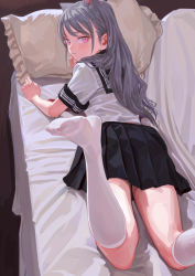 Rule 34 | 1girl, animal ears, artist name, black serafuku, black skirt, blush, cat ears, couch, feiqizi (fkey), fkey, from behind, grey hair, highres, kneehighs, long hair, looking at viewer, looking back, lying, no shoes, on couch, on stomach, original, pillow, pink eyes, pleated skirt, school uniform, serafuku, skirt, socks, solo, thighs, toes, white socks