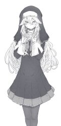 Rule 34 | 1girl, absurdres, blush, bow, bowtie, closed mouth, frown, habit, hair between eyes, hair flaps, highres, long hair, long sleeves, looking at viewer, monochrome, nun, original, pantyhose, puffy long sleeves, puffy sleeves, shichisaburo, simple background, skirt, solo, very long hair
