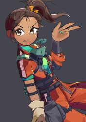 Rule 34 | 1girl, absurdres, animification, apex legends, aqua shirt, belt, black belt, brown eyes, brown gloves, brown hair, closed mouth, facial mark, forehead mark, gloves, highres, jumpsuit, nail polish, orange jumpsuit, orange scrunchie, pouch, rampart (apex legends), scrunchie, shirt, single glove, smile, solo, suru melon, tongue, tongue out, v, v-shaped eyebrows