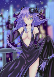 Rule 34 | 10s, 1girl, absurdres, alternate costume, blue eyes, blush, breasts, cleavage, clothes lift, cocktail glass, cup, dress, dress lift, drinking glass, earrings, female focus, gloves, hair ornament, highres, honke ganso, jewelry, large breasts, long hair, looking at viewer, navel, neptune (neptunia), neptune (series), no bra, one eye closed, panties, purple hair, purple heart (neptunia), purple heart (goddesses&#039; promise), side-tie panties, skirt, skirt lift, smile, solo, symbol-shaped pupils, underwear, very long hair