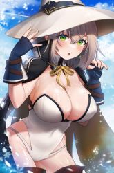 Rule 34 | 1girl, absurdres, bad id, bad twitter id, blue sky, breasts, cape, cleavage, clothing cutout, cloud, covered navel, cowboy shot, crossed bangs, earrings, fingerless gloves, gloves, green eyes, grey hair, hat, highres, hololive, jewelry, large breasts, leotard, looking at viewer, neck ribbon, noixen, open mouth, ribbon, shirogane noel, short hair, side cutout, sky, snowflakes, solo, thighs, triangle mouth, virtual youtuber, water, white hat, yellow ribbon