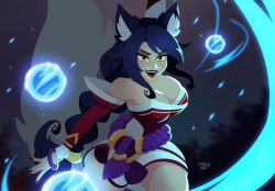 Rule 34 | 1girl, ahri (league of legends), animal ears, artist name, bare shoulders, black hair, breasts, cleavage, detached sleeves, energy ball, facial mark, fox ears, fox girl, fox tail, highres, korean clothes, large breasts, league of legends, long hair, multiple tails, nail polish, red nails, solo, tail, teddy teddd, whisker markings, yellow eyes