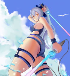 Rule 34 | 1girl, artist name, ass, blue bow, blue one-piece swimsuit, blue sky, blush, bow, breasts, cloud, commentary, competition swimsuit, dual wielding, energy sword, english commentary, fate/grand order, fate (series), gemnuo (eternalgem), hair bow, holding, holding sword, holding weapon, long hair, looking at viewer, looking down, medium breasts, one-piece swimsuit, ponytail, red eyes, silver hair, sky, smile, solo, swimsuit, sword, thigh strap, tomoe gozen (fate), tomoe gozen (swimsuit saber) (fate), tomoe gozen (swimsuit saber) (first ascension) (fate), water, weapon, wristband
