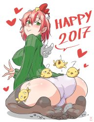 Rule 34 | 1girl, 2017, :&gt;, animal on ass, ass, bird, black thighhighs, breasts, chick, covered erect nipples, feet, green eyes, green sweater, hair between eyes, happy new year, heart, highres, impossible clothes, impossible sweater, kawa-v, large breasts, looking at viewer, looking back, new year, no shoes, original, panties, red hair, ribbed sweater, seiza, short hair, sitting, soles, solo, sweater, thighhighs, toes, underwear, waving, white panties, wings