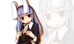 Rule 34 | 1girl, :p, animal ears, blazer, rabbit ears, female focus, jacket, light purple hair, long hair, looking at viewer, red eyes, reisen udongein inaba, solo, taiyou89, tongue, tongue out, touhou, zoom layer