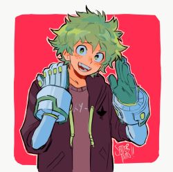 Rule 34 | 1boy, boku no hero academia, border, curly hair, freckles, gauntlets, gloves, green eyes, green hair, highres, jacket, long sleeves, looking at another, male focus, midoriya izuku, open mouth, pale skin, red background, red jacket, red shirt, shirt, short hair, sleeves rolled up, solo, spidertams, teeth, waving, white border