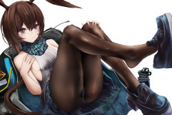 1girl amiya_(arknights) animal_ears arknights ascot bare_shoulders black_pantyhose black_skirt blue_ascot blue_eyes blush breasts brown_hair hair_between_eyes hand_on_own_chest hand_on_own_knee highres jacket kainines legs_up long_hair looking_at_viewer lying off_shoulder on_back open_clothes open_jacket pantyhose ponytail rabbit_ears rabbit_girl shirt sideboob simple_background skirt sleeveless sleeveless_shirt small_breasts solo thighs white_background