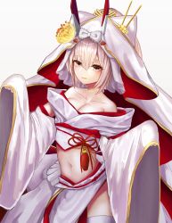 Rule 34 | 1girl, ayanami (azur lane), ayanami (demon&#039;s finest dress) (azur lane), ayanami (demon&#039;s finest dress) (azur lane), azur lane, bare shoulders, breasts, cleavage, closed mouth, collarbone, commentary, detached sleeves, dress, hair between eyes, highres, hood, japanese clothes, kimono, long sleeves, medium breasts, midriff, myung yi, navel, paw pose, platinum blonde hair, sash, simple background, sleeves past fingers, sleeves past wrists, solo, standing, thighhighs, uchikake, wedding dress, white background, white thighhighs, wide sleeves, yellow eyes