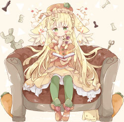 Rule 34 | 1girl, absurdres, animal ears, armchair, bad id, bad pixiv id, bare shoulders, beret, blonde hair, book, boots, bow, braid, brown bow, brown footwear, brown hat, brown shirt, brown skirt, brown sleeves, carrot, chair, chess piece, closed mouth, commentary, detached sleeves, feathered wings, full body, green pantyhose, hat, hat bow, highres, holding, holding book, juliet sleeves, long hair, long sleeves, mini wings, on chair, open book, original, pantyhose, pleated skirt, puffy sleeves, rabbit ears, shirt, sitting, skirt, smile, solo, stuffed animal, stuffed rabbit, stuffed toy, symbol-only commentary, tsukiyo (skymint), very long hair, white wings, wide sleeves, wings