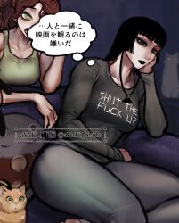 Rule 34 | 2girls, artist name, ayaki blade, black eyes, black hair, black lips, blunt bangs, breasts, cat, check translation, couch, green eyes, green tank top, grey pants, head rest, highres, jewelry, medium breasts, multiple girls, necklace, open mouth, original, pants, red-haired girl (ayaki), red hair, ring, sitting, sylense (ayaki), sylense (ayaki blade), tank top, toned, translation request, twitter username, watermark