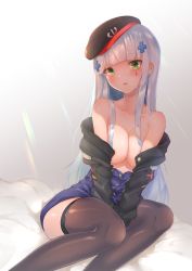 Rule 34 | 1girl, bare shoulders, bed, bed sheet, bedroom, beret, between legs, black jacket, black thighhighs, blunt bangs, blush, breasts, cleavage, collarbone, cross hair ornament, facial mark, girls&#039; frontline, green eyes, hair ornament, hand between legs, hat, highres, hk416 (girls&#039; frontline), indoors, jacket, long hair, long sleeves, looking at viewer, medium breasts, military jacket, off shoulder, on bed, open clothes, open jacket, open mouth, pillow, plaid, plaid skirt, sidelocks, silver hair, sitting, skirt, smile, solo, teardrop, thighhighs, yaosera