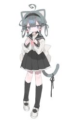 Rule 34 | 1girl, absurdres, ahoge, animal ears, back bow, bell, black collar, black hairband, black ribbon, black sailor collar, black skirt, black socks, blue eyes, blush stickers, bow, cat ears, cat girl, cat tail, closed mouth, collar, daizu (melon-lemon), extra ears, full body, grey hair, hair ornament, hair rings, hairband, hairclip, highres, jingle bell, kneehighs, long sleeves, looking at viewer, medium hair, neck bell, neckerchief, original, paw pose, pigeon-toed, pleated skirt, red neckerchief, ribbon, sailor collar, sailor shirt, school uniform, serafuku, shirt, shoes, sidelocks, simple background, skirt, sleeves past wrists, socks, solo, standing, sweat, tail, tail ornament, tail ribbon, white background, white bow, white footwear, white shirt