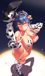 Rule 34 | 1girl, alternate costume, animal, animal ears, animal print, bare shoulders, bell, bikini, black footwear, black hair, blue hair, blush, breasts, brown eyes, cameltoe, cleavage, commentary request, cow ears, cow horns, cow print, cow tail, double v, elbow gloves, from above, full body, gloves, hair between eyes, high heels, highleg, highleg bikini, highres, horns, kantai collection, large breasts, long hair, looking at viewer, moose (moosemitchell2), navel, pet, rabbit, shadow, solo, split, standing, standing on one leg, standing split, stomach, string bikini, sweatdrop, swimsuit, tail, thighhighs, ushio (kancolle), v, white gloves, white thighhighs