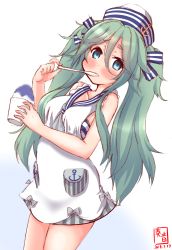 Rule 34 | 1girl, alternate costume, alternate hairstyle, anchor symbol, arched back, artist logo, commentary request, dated, dixie cup hat, dress, food, gradient background, green eyes, green hair, hair between eyes, hat, highres, kanon (kurogane knights), kantai collection, long hair, looking at viewer, military hat, parted bangs, sailor dress, shaved ice, sidelocks, solo, twintails, white background, white dress, yamakaze (kancolle)