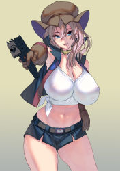 Rule 34 | 1girl, belt, blonde hair, blue eyes, breasts, choker, cleavage, cowboy shot, gloves, gradient background, gun, hair between eyes, hat, highres, huge breasts, kouno (masao), long hair, looking at viewer, mac-10/11, midriff, navel, open mouth, original, outstretched arm, short shorts, shorts, solo, submachine gun, weapon