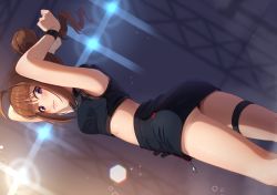 Rule 34 | 1girl, ahoge, arched back, arms behind head, arms up, ass, bare arms, black panties, black shirt, black skirt, blunt bangs, blurry, blurry background, blush, breasts, brown hair, closed mouth, commentary, cowboy shot, crop top, drill hair, dutch angle, from behind, from below, idolmaster, idolmaster million live!, idolmaster million live! theater days, kamille (vcx68), looking at viewer, looking back, medium breasts, midriff, miniskirt, panties, pantyshot, purple eyes, shirt, short hair, side ponytail, sidelocks, skirt, sleeveless, sleeveless shirt, smile, solo, sparkle, stage lights, standing, thigh strap, tying hair, underwear, up sleeve, upskirt, wristband, yokoyama nao