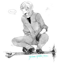 Rule 34 | 00s, 1boy, baccano!, formal, full body, gloves, graham specter, greyscale, looking to the side, lowres, male focus, monochrome, profile, simple background, solo, speech bubble, squatting, suit, talking, text focus, white background