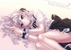 Rule 34 | 1girl, black ribbon, blush, center frills, character name, commentary request, cursive, drill hair, earrings, floral print, frills, hair ribbon, highres, idolmaster, idolmaster cinderella girls, jewelry, kanzaki ranko, light blush, lolita fashion, looking at viewer, lying, on side, parted lips, print sleeves, red eyes, ribbon, shashaki, silver hair, solo, sparkle