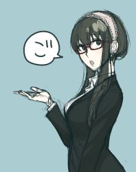 Rule 34 | 1girl, absurdres, black eyes, black hair, breasts, earrings, endou tatsuya, formal, from side, glasses, hairband, highres, jewelry, large breasts, open mouth, red-framed eyewear, sidelocks, sketch, solo, spy x family, suit, upper body, white hairband, yor briar