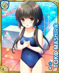 Rule 34 | 1girl, :d, barefoot, black hair, card (medium), chainlink fence, character name, competition swimsuit, day, girlfriend (kari), grey eyes, mashiro toko, official art, one-piece swimsuit, open mouth, outdoors, pool, qp:flapper, school, smile, standing, swimsuit, tagme