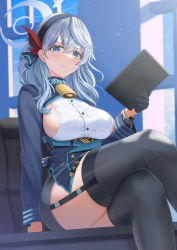 Rule 34 | 1girl, absurdres, ako (blue archive), arikawa rui, bell, black gloves, black thighhighs, blue archive, blue collar, blue eyes, blue hair, blush, breasts, collar, crossed legs, garter straps, gloves, hairband, halo, highres, large breasts, long sleeves, medium hair, parted lips, sideboob, sitting, smile, thighhighs, thighs