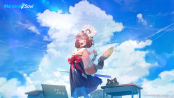 Rule 34 | 1girl, ahoge, animal ears, april fools, artist request, bell, blue archive, blue sky, cat ears, cat girl, closed eyes, cloud, copyright name, crossover, day, desk, hair bell, hair ornament, halo, highres, holding, ichihime, japanese clothes, kimono, long sleeves, mahjong soul, official art, open mouth, outdoors, red hair, ribbon, school desk, short hair, sky, wide sleeves