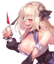 Rule 34 | 1girl, arm garter, bad id, bad pixiv id, bare shoulders, black sleeves, blonde hair, blood, blood on face, blood stain, breasts, cleavage, detached sleeves, eyelashes, fangs, hair intakes, hair ornament, hair over one eye, halterneck, highres, large breasts, long hair, looking at viewer, lulurika, open mouth, red eyes, scissors, sharp teeth, simple background, sleeveless, solo, teeth, underbust, white background, yu mochi (kamiinu)