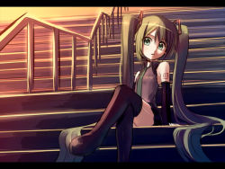 Rule 34 | 1girl, hatsune miku, kakaon, kanchou serio, crossed legs, long hair, outdoors, sitting, sitting on stairs, sky, solo, stairs, thighhighs, twintails, very long hair, vocaloid, zettai ryouiki