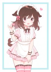Rule 34 | +++ (artist), 1boy, animal ears, blush, crossdressing, dog boy, dog ears, dog tail, dress, heart, highres, looking at viewer, maid headdress, male focus, original, pink eyes, pink thighhighs, smile, solo, tail, thighhighs, trap, wrist cuffs