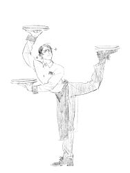 Rule 34 | 1boy, apron, arm up, chengongzi123, closed eyes, closed mouth, collared shirt, crossed legs, full body, golden kamuy, greyscale, hand up, highres, holding, holding plate, koito otonoshin, long sleeves, male focus, monochrome, pants, plate, scar, scar on face, shirt, short hair, simple background, sparkling aura, very short hair, waiter, white background