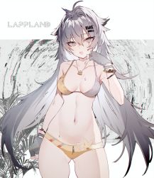 Rule 34 | 1girl, :o, ahoge, alternate costume, animal ears, arknights, bikini, bracelet, breasts, character name, commentary, fingerless gloves, floppy ears, gloves, grey eyes, grey gloves, grey hair, grey nails, hair between eyes, hair intakes, hair ornament, hairclip, hand up, highres, jewelry, lappland (arknights), long hair, medium breasts, messy hair, nail polish, navel, scar, scar across eye, scar on face, solo, soukou makura, sweat, swimsuit, symbol-only commentary, very long hair, white background, wolf ears, yellow bikini