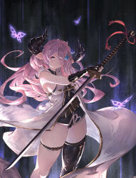 Rule 34 | 1girl, absurdres, bare shoulders, black gloves, blue eyes, braid, breasts, coat, commentary request, draph, gloves, gold trim, granblue fantasy, hair ornament, hair over one eye, highres, holding, holding sword, holding weapon, horns, katana, large breasts, long hair, looking at viewer, narmaya (granblue fantasy), pink hair, pointy ears, sideboob, single thighhigh, sleeveless, sleeveless coat, solo, sword, thigh strap, thighhighs, thighs, weapon, white coat, yu pian
