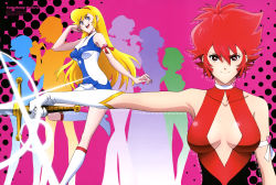 Rule 34 | 10s, 6+girls, :d, absurdres, animage, bare shoulders, black bodysuit, blonde hair, blue eyes, blush, bodysuit, boots, breasts, choker, cleavage cutout, clothing cutout, collared dress, cutie honey, cutie honey (character), cutie honey universe, diamond (shape), dress, elbow gloves, fancy honey, flash honey, gloves, hairband, hand on own cheek, hand on own face, hat, high heel boots, high heels, highres, holding, holding microphone, holding sword, holding weapon, hurricane honey, idol honey, iseki shuuichi, itou yui, kisaragi honey, knee boots, large breasts, long hair, looking at viewer, microphone, misty honey, multicolored bodysuit, multicolored clothes, multiple girls, multiple persona, no bra, official art, open mouth, patterned background, perky breasts, print dress, purple background, red bodysuit, red choker, red eyes, red hair, red hairband, round teeth, scan, scarf, short hair, silhouette, sleeveless, smile, spiked hair, standing, standing on one leg, sword, teeth, watanabe aki, weapon, white choker, white dress, white footwear, white gloves, white heels