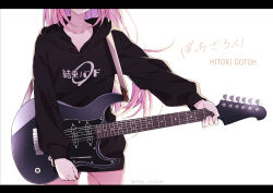 Rule 34 | 1girl, artist name, backlighting, black hoodie, bocchi the rock!, character name, collarbone, commentary request, copyright name, electric guitar, gotoh hitori, guitar, head out of frame, highres, holding, holding instrument, holding plectrum, hood, hoodie, instrument, letterboxed, long hair, long sleeves, pants, pink hair, pink pants, plectrum, shigure (sigre), simple background, solo, standing, upper body, very long hair, white background, yamaha pacifica