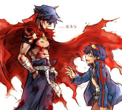 Rule 34 | 00s, 2boys, bandages, blood, blood on face, blue hair, bodypaint, cape, core drill, drill, goggles, goggles on head, hands in pockets, kamina (ttgl), male focus, manly, manly tears, multiple boys, open clothes, open shirt, sarashi, shirt, topless male, simon (ttgl), tears, tengen toppa gurren lagann, translated, white background
