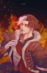 Rule 34 | 1boy, brown hair, coat, cosmodynes, earrings, emet-selch, epaulettes, final fantasy, final fantasy xiv, fire, fur trim, gloves, highres, jewelry, long sleeves, looking at viewer, male focus, multicolored hair, short hair, smile, solo, two-tone hair, white gloves, white hair, yellow eyes