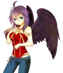 Rule 34 | 1girl, ahoge, bare shoulders, black hair, black wings, blue eyes, bracelet, fire emblem, fire emblem: radiant dawn, jewelry, long hair, miyako (mongcocoa), nintendo, o-ring, o-ring top, pants, simple background, solo, strapless, vika, white background, wings