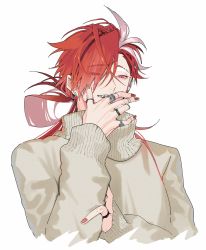 Rule 34 | 1boy, commentary request, earrings, eyebrow cut, fate/grand order, fate (series), highres, jacket, jewelry, k500yen, long hair, long sleeves, looking at viewer, male focus, multicolored hair, open mouth, red eyes, red hair, smile, solo, split-color hair, streaked hair, takasugi shinsaku (fate), two-tone hair, upper body, white hair, white jacket