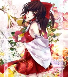 Rule 34 | 1girl, bad id, bad pixiv id, bare shoulders, bow, breasts, brown hair, detached sleeves, dress, flower, gohei, hair bow, hair tubes, hakurei reimu, looking at viewer, looking back, moruchi (rinaka moruchi), open mouth, red dress, red eyes, red skirt, sideboob, skirt, solo, touhou, wide sleeves