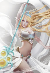 Rule 34 | 1girl, blonde hair, blue eyes, breasts, bustier, cleavage, curvy, elbow gloves, gloves, highres, janna (league of legends), jeny wang, large breasts, league of legends, long hair, magic, midriff, navel, staff, tiara, very long hair, wind