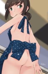 Rule 34 | 1girl, adapted costume, alakoala, apron, ass, black hair, blue apron, brown hair, commentary request, cowboy shot, from below, fubuki (kancolle), highres, kantai collection, long hair, looking at viewer, naked apron, polka dot, polka dot apron, ponytail, short ponytail, sidelocks, solo