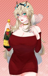 Rule 34 | 1girl, :d, bare shoulders, blonde hair, blush, bottle, breasts, choker, cleavage, collarbone, cup, dress, drinking glass, barghest (fate), fairy knight gawain (like a lady) (fate), fate/grand order, fate (series), green eyes, hair ornament, highres, holding, holding bottle, holding cup, large breasts, long hair, makkuro (user jmek5727), off shoulder, open mouth, pink background, pink lips, red dress, ribbed dress, short dress, smile, solo, striped, striped background, wine glass, yellow eyes