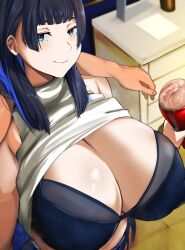 Rule 34 | 1girl, absurdres, black hair, blue eyes, blue hair, breasts, cafekun, cleavage, clothes lift, highres, hololive, hololive english, huge breasts, looking at viewer, multicolored hair, ouro kronii, shirt, shirt lift, smile, virtual youtuber
