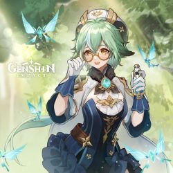 Rule 34 | 1girl, absurdres, brown-framed eyewear, bug, butterfly, commentary, cowboy shot, flask, fur collar, genshin impact, glasses, green hair, hands up, hat, highres, holding, holding flask, insect, long hair, official art, open mouth, ponytail, round eyewear, solo, sucrose (genshin impact), teeth, two-tone gloves, upper teeth only, vision (genshin impact), yellow eyes