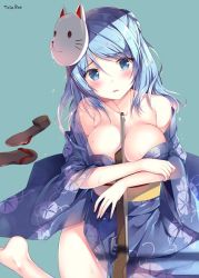 Rule 34 | 10s, 1girl, bare legs, barefoot, between breasts, blue eyes, blue hair, blush, breasts, commentary request, floral print, fox mask, gun, half updo, japanese clothes, kantai collection, kimono, large breasts, long hair, looking at viewer, mask, mask on head, matching hair/eyes, obi, off shoulder, open mouth, rifle, sandals, unworn sandals, sash, sitting, solo, sousouman, sweat, tears, urakaze (kancolle), weapon, wet, wide sleeves, yukata
