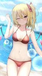 Rule 34 | 1girl, ;), absurdres, beach, bikini, blonde hair, blush, bow, breasts, commentary request, crystal, day, dutch angle, flandre scarlet, hair bow, hand up, highres, medium hair, mountainous horizon, one eye closed, one side up, outdoors, red bikini, red bow, small breasts, smile, solo, swimsuit, szl, touhou, wings